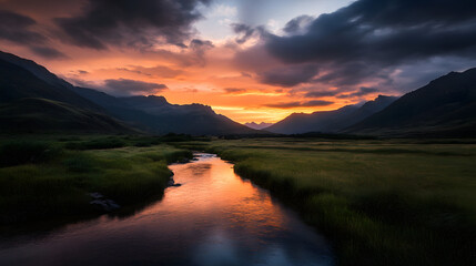 Fototapeta premium A tranquil river winding through a valley with green meadows and towering mountains in the distance, under a vibrant sunset sky.