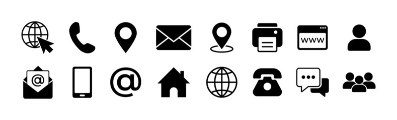 Contact us icons. Simple vector icons set on white background. Phone, smartphone, email, location, house, globe, address, chat. Vector 10 eps.