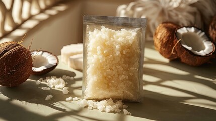 Coconut-derived natural sweetener blend in crystal form on a soft background