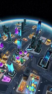 Futuristic cityscape with neon skyscrapers and vibrant lights orbiting earth