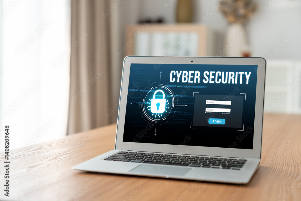 Aufkleber cyber security system on computer screen protect private information snugly from hacker and cyber at