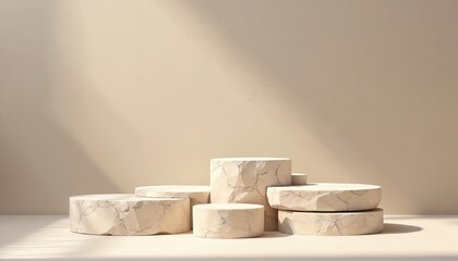 Minimalistic raw stone pedestal for product, cosmetic or jewelry presentation. Stage with blank background. Geometric 3D marble design for luxury, sale or promotion. Showcase template. Light, shadow.