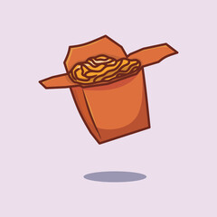 Vector illustration of noodle dish served in a takeaway box, inspired by Asian street food style. Cute street food design.