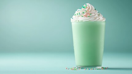 A luscious minty green drink topped with a generous swirl of whipped cream and festive sprinkles, perfect for capturing the spirit of celebration and joy during the holiday season.