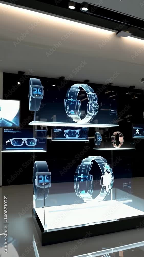 Poster hightech smartwatch display showcasing rotating 3d models and innovative features