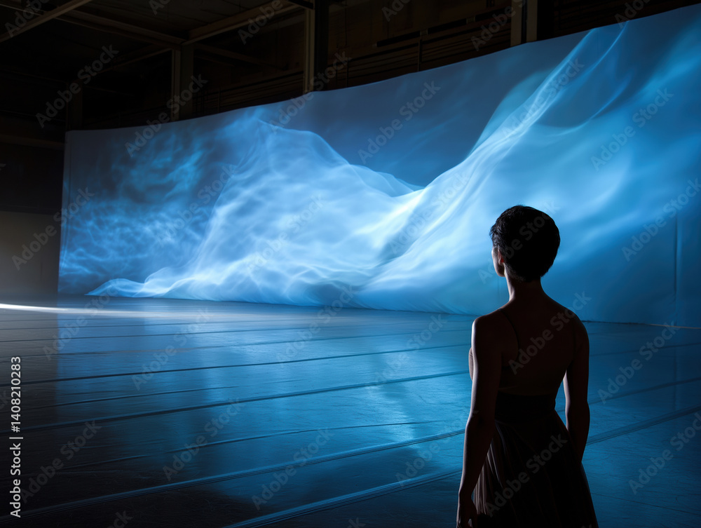 Poster artistic performance showcasing digital waves with a dancer in a minimalist space