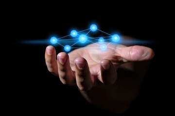 Hand holding glowing digital network, futuristic technology concept, dark background, innovation and connectivity theme