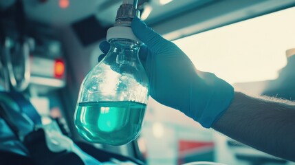 Paramedic preparing an oxygen mask for a patient in an ambulance. Featuring urgency and care