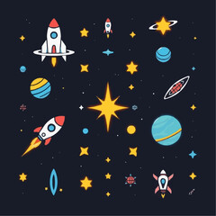 Colorful Outer Space Illustration - Rockets, Planets, and Stars in a Vibrant Space-Themed Artwork