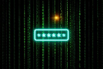Glowing password field amidst digital matrix background, cybersecurity concept, futuristic technology theme