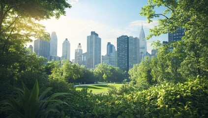 Fototapeta premium Urban Oasis: Skyscrapers and Serenity in a City Park