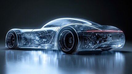 A futuristic car rendered to show the inner workings of design