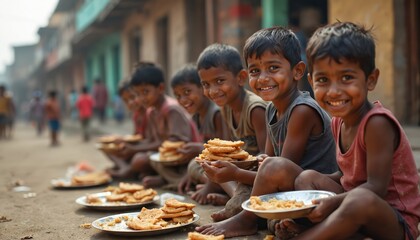 Happy Indian children enjoy food on dirty crowded streets. Smiling kids with plates of bread looking into camera, showing positive emotions, laughing. Social problem of poverty, hunger, lack of clean