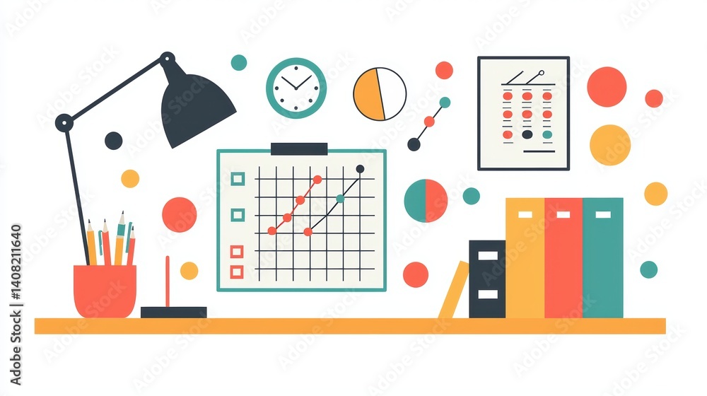 Poster analyzing business metrics office workspace infographic charts creative environment desk view data v