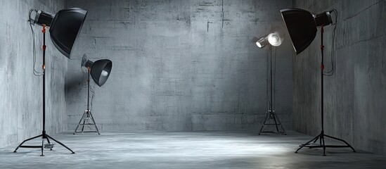 A professional photo studio setup with concrete walls, studio lights, and diffusers. Targets product photography tutorials, equipment reviews, or creative workspaces.