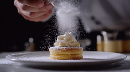 Pastry chef dusting powdered sugar over a dessert. Featuring elegance and finesse