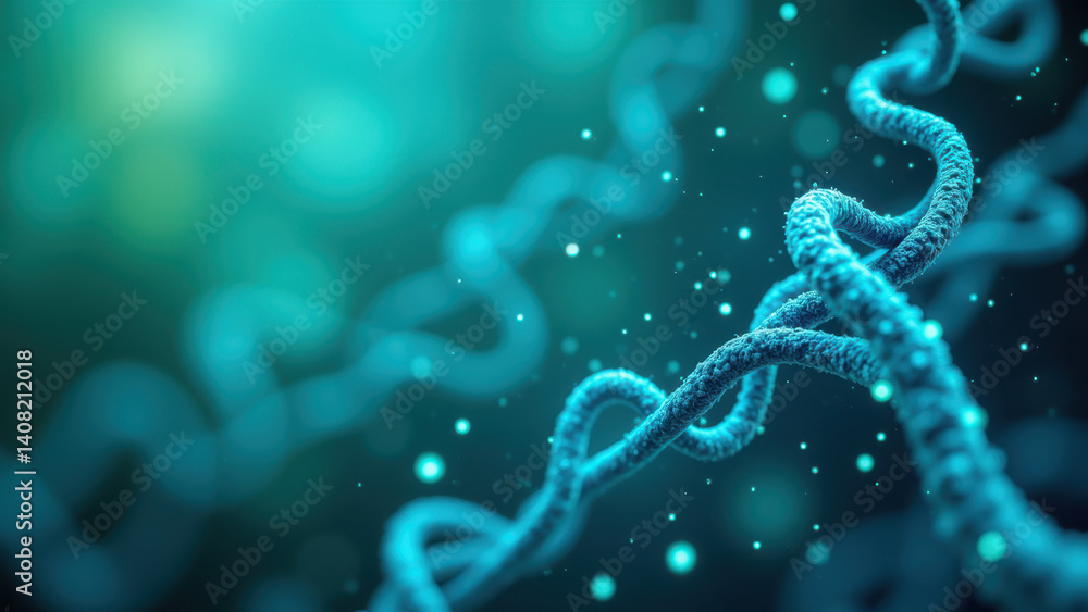 Poster illustration of a glp1 molecule surrounded by a microscopic background with glowing particles.