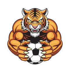 Obraz premium football mascot vector illustration tiger holding soccer ball design