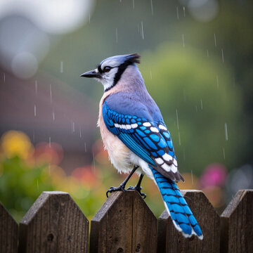 Drenched bluejay perched on fence post in stormy backyard, resilience