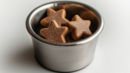 Silver metallic bowl filled with star-shaped dog treats on a white background