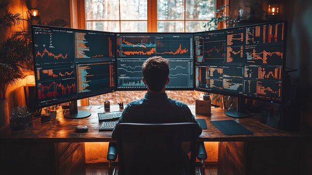 Person analyzing financial data on multiple computer monitors in an office