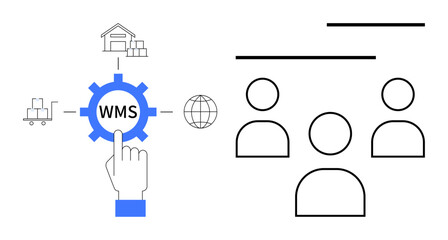 Gear icon labeled WMS, hand clicking, warehouse, truck, globe icons on left, team icons on right. Ideal for logistics, collaboration automation inventory technology workflow teamwork. Flat