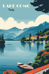 Lake Como, Italy Travel Destination Poster in retro style. Landscape print, wall art. Europe summer vacation, holidays concept. Vintage vector colorful illustration