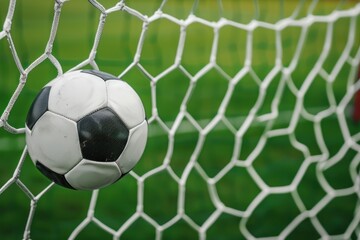 Goal. Soccer ball in a net on a stadium background. Football ball in goal net on a stadium background. Goal. Soccer Football Concept with copy space. Sport concept with copy space.