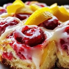 Delicious homemade raspberry cinnamon rolls topped with tangy lemon glaze captured in close-up, showcasing vibrant colors and textures Generative AI