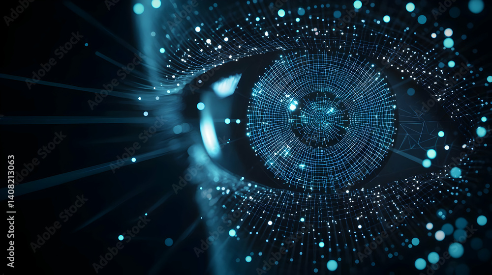 Aufkleber macro view of a human eye superimposed with digital technology network lines and particles in shades