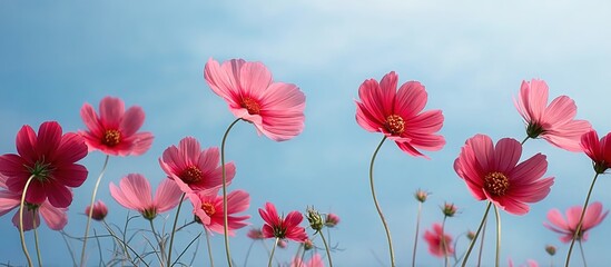 Pink cosmos flowers blooming against blue sky. Applied in gardening magazines, floral photography, or eco-friendly campaigns. 