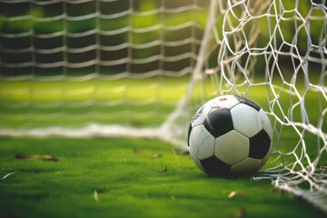 Goal. Soccer ball in a net on a stadium background. Football ball in goal net on a stadium background. Goal. Soccer Football Concept with copy space. Sport concept with copy space.