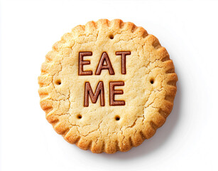 Eat Me message cookie on white or transparent background, beautiful closeup photograph of a delicious brown fresh round biscuit with Alice in Wonderland's Eat Me reference, tasty cookies illustration