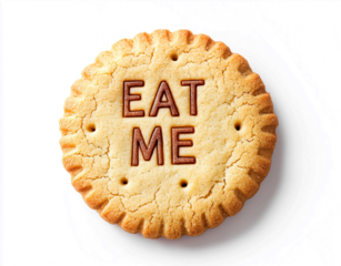 Eat Me message cookie on white or transparent background, beautiful closeup photograph of a delicious brown fresh round biscuit with Alice in Wonderland's Eat Me reference, tasty cookies illustration