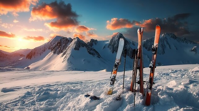 Skis planted in snow with sunset-lit mountains. Targets winter travel ads, sports gear catalogs, or outdoor adventure content. 