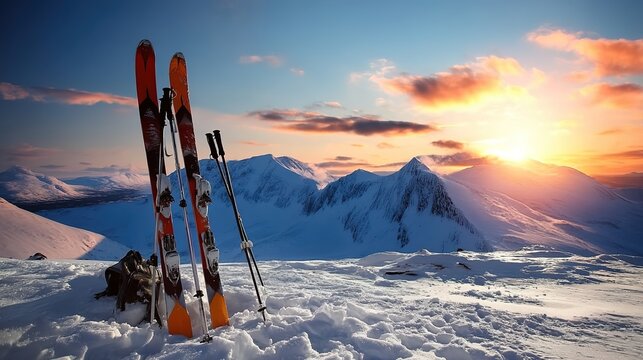 Skis planted in snow with sunset-lit mountains. Targets winter travel ads, sports gear catalogs, or outdoor adventure content. 
