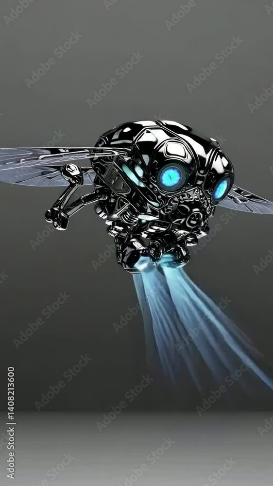 Poster robotic drone hovering with futuristic blue light emissions in highresolution sequence