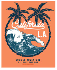 Sunshine with wave. Long beach summer time print design artwork. Beach Paradise Print t shirt graphics design, typography slogan on palm trees background. Summer beach vibes. California surfing club.