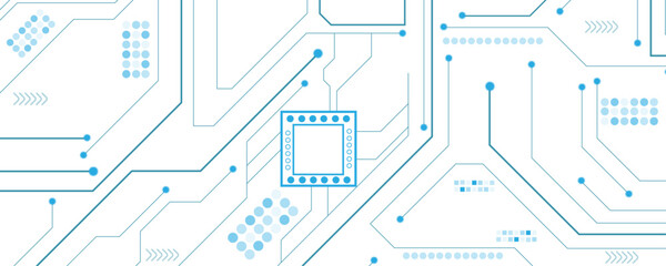 Abstract technology circuit diagram on white and blue background.