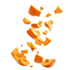 Falling pumpkin chunks. Isolated white background. Png format
