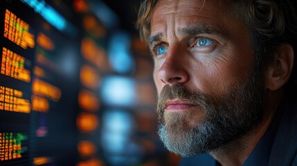 A focused man observing data on a screen with intensity