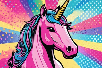 Bold pink unicorn with turquoise mane and golden horn illustrated in vibrant pop art style on a colorful dotted background