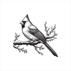 Line Art Vector of a Northern Cardinal Bird Perched on a Branch – Black and White Illustration