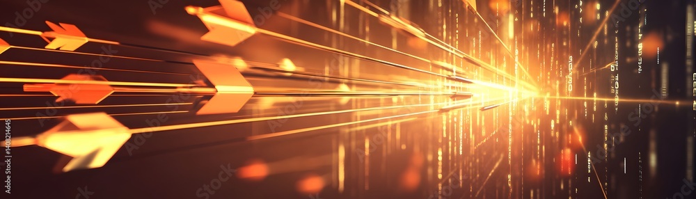 Poster dynamic visual of arrows moving through a burst of light, symbolizing progress and innovation in tec