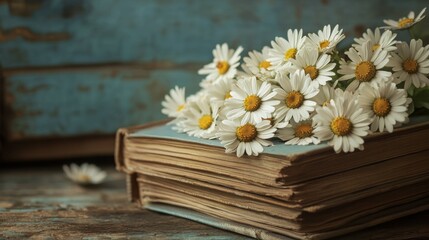 Obraz premium Old books with flowers of white field daisies.