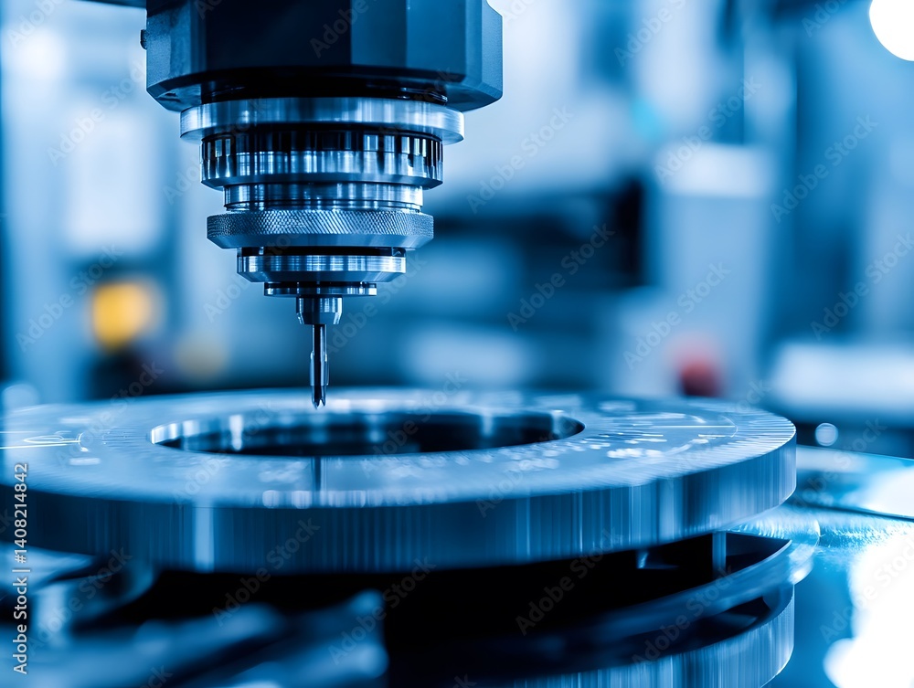 Poster close-up of a precision machine tool in an industrial setting, showcasing advanced technology and ma