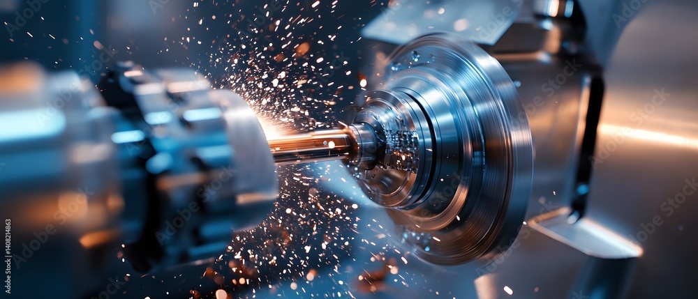 Aufkleber close-up of a high-precision machine tool in action, showcasing metalworking with flying sparks and 
