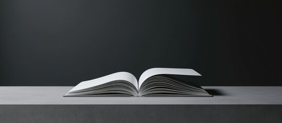 Open book on a gray surface with stark dark background. Used in literary campaigns, educational materials, or library promotions.