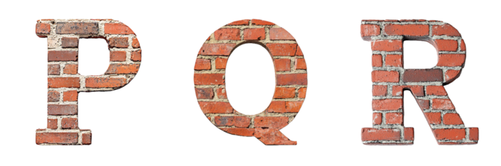 Letters P, Q and R made with bricks. Wall letters. tropical floral motifs. Evoque Urban style, grunge, and Industrial. Alphabet and typography. Transparent PNG	