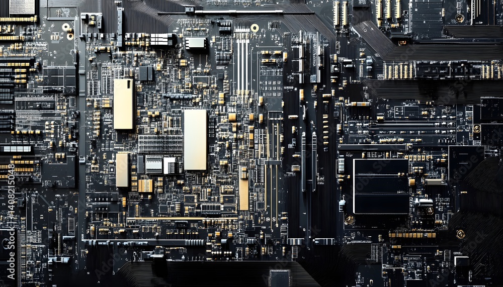 Poster an intricate close-up of a modern circuit board showcasing numerous components and connections. the 